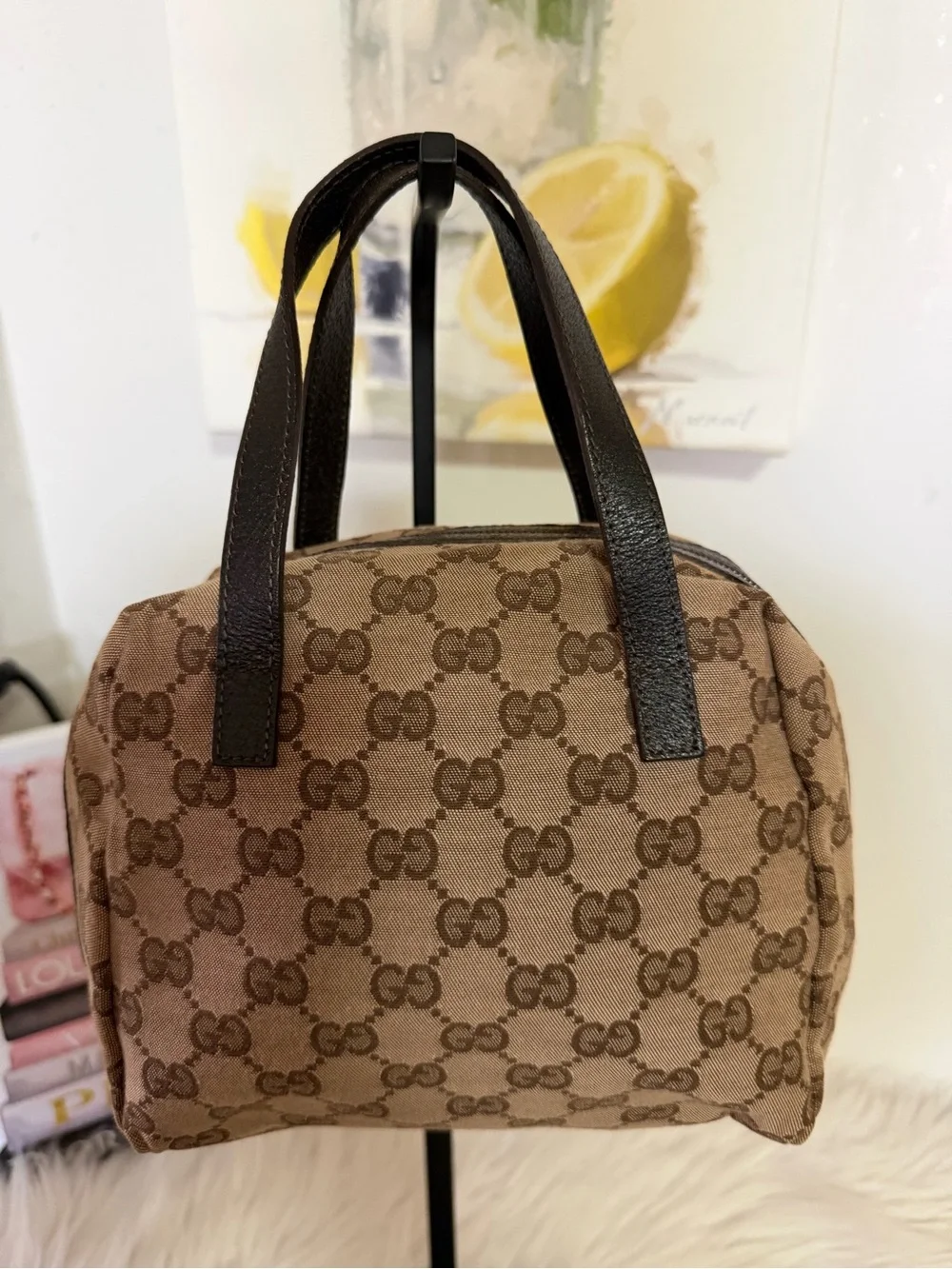 Gucci Brown GG Canvas Mini Boston Style Top-Handle Bag.